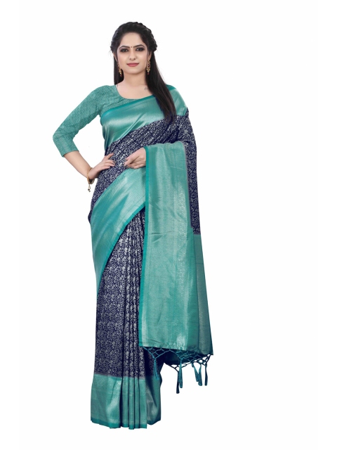 

HERE&NOW Navy Blue & Silver-Toned Woven Design Zari Silk Cotton Chanderi Saree