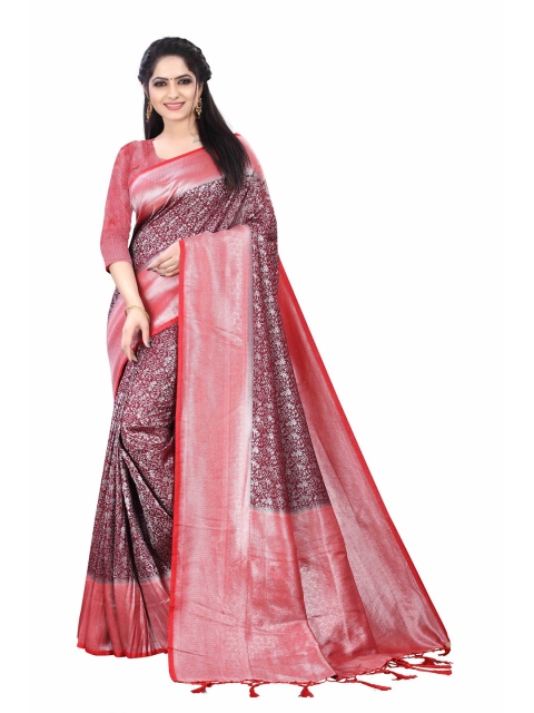 

HERE&NOW Maroon & Pink Woven Design Zari Silk Cotton Chanderi Saree