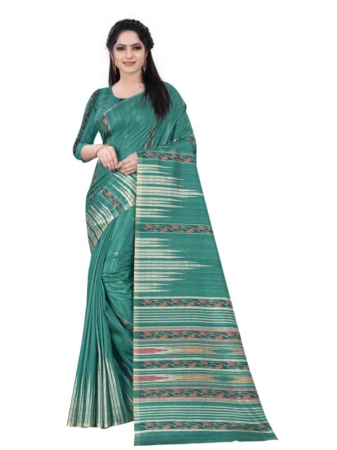 

HERE&NOW Green & White Ethnic Motifs Silk Cotton Chanderi Saree