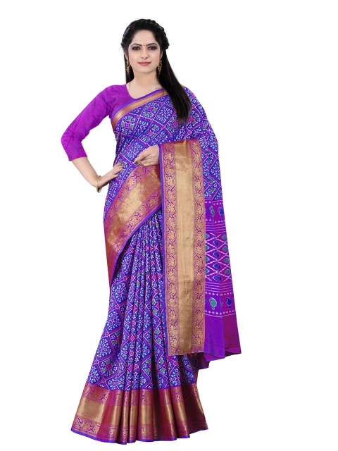 

HERE&NOW Blue & Gold-Toned Ethnic Motifs Zari Silk Cotton Patola Saree