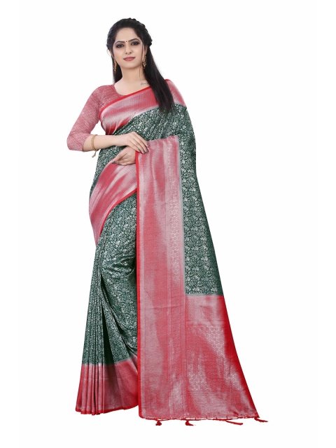 

HERE&NOW Green & Pink Woven Design Zari Silk Cotton Chanderi Saree