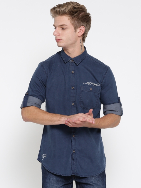 

Ed Hardy Men Navy Solid Chambray Casual Shirt, Navy blue