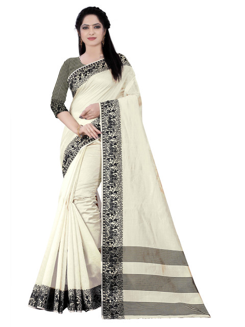 

HERE&NOW Off White & Black Silk Cotton Tussar Saree