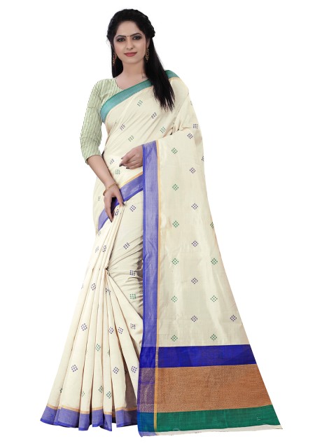 

HERE&NOW Off White & Blue Woven Design Silk Cotton Tussar Saree
