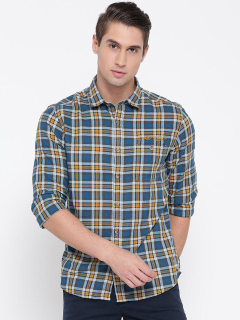 

Ed Hardy Men Blue & Mustard Yellow Checked Casual Shirt