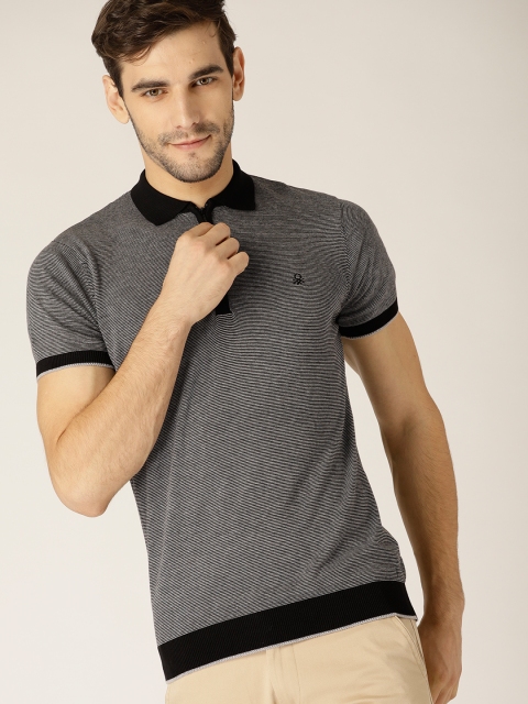 

United Colors of Benetton Men Charcoal Grey Striped Polo Collar T-shirt