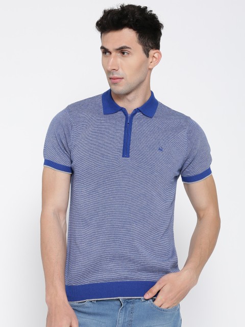

United Colors of Benetton Men Blue Pinstriped Polo Collar T-shirt