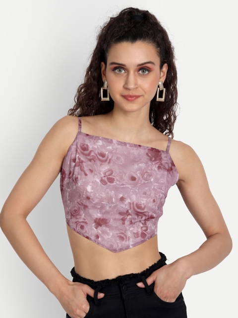 

ESSQUE Women Purple Floral Print Georgette Crop Top