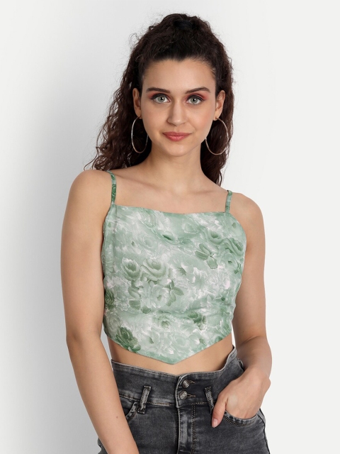 

ESSQUE Women Green Floral Print Georgette Crop Top