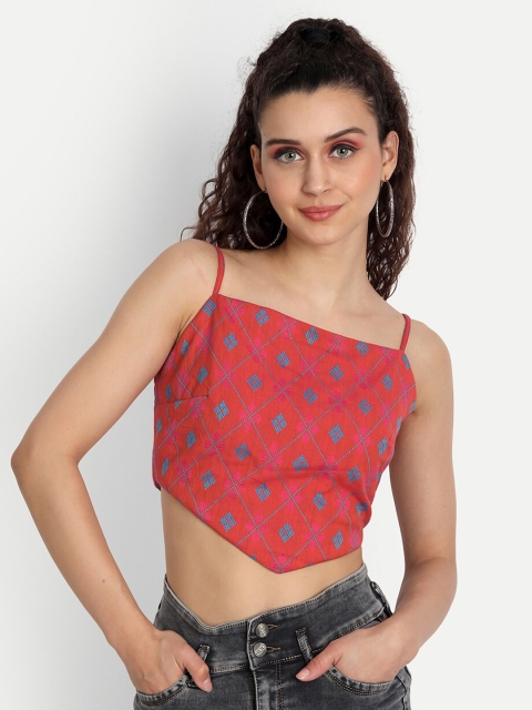

ESSQUE Women Pink & Blue Geometric Print Crop Top