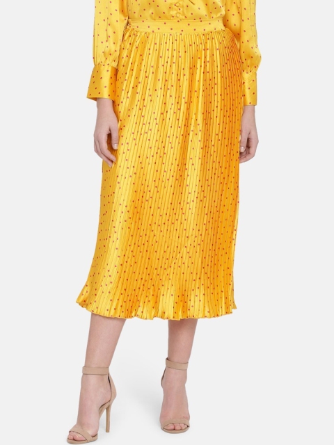 

HERE&NOW Women Yellow Polka Dot Printed Accordion Pleated Satin Midi Length Skirts