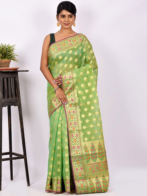 

AllSilks Green & Gold-Toned Ethnic Motifs Zari Silk Cotton Saree