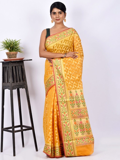 

AllSilks Yellow & Green Ethnic Motifs Zari Silk Cotton Saree