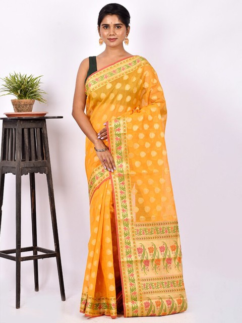

AllSilks Yellow & Green Ethnic Motifs Zari Silk Cotton Saree