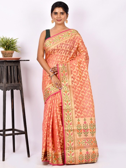 

AllSilks Pink & Gold-Toned Ethnic Motifs Zari Silk Cotton Saree