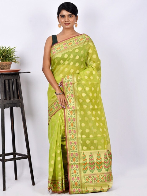 

AllSilks Green & Pink Ethnic Motifs Zari Silk Cotton Saree