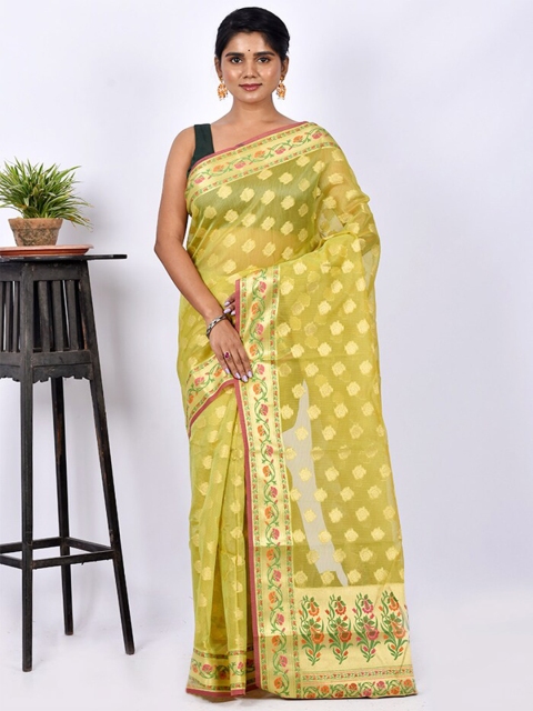 

AllSilks Green & Gold-Toned Ethnic Motifs Zari Silk Cotton Saree