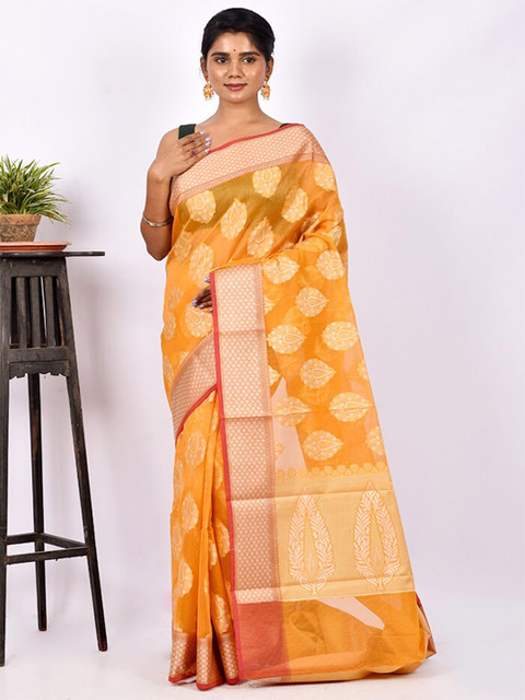 

AllSilks Yellow & Peach-Coloured Ethnic Motifs Zari Silk Cotton Saree