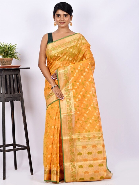 

AllSilks Yellow & Green Ethnic Motifs Zari Silk Cotton Saree