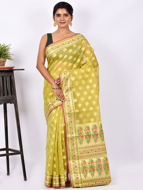 

AllSilks Green & Gold-Toned Floral Zari Silk Cotton Saree