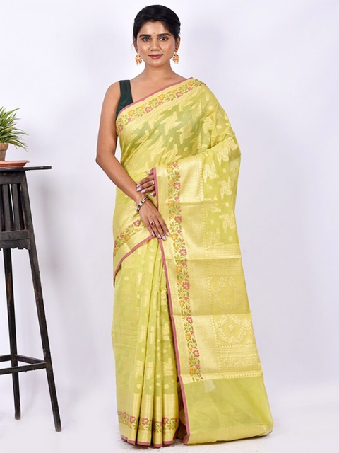 

AllSilks Green & Pink Woven Design Zari Silk Cotton Saree