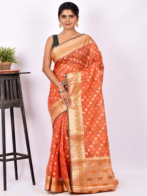 

AllSilks Coral & Gold-Toned Ethnic Motifs Zari Silk Cotton Saree