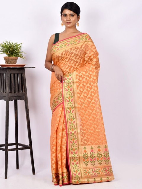 

AllSilks Peach-Coloured & Green Ethnic Motifs Zari Silk Cotton Saree