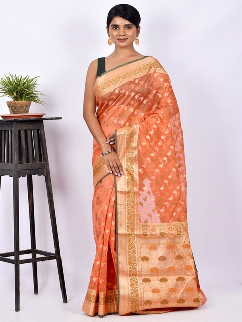 

AllSilks Coral & Gold-Toned Ethnic Motifs Zari Silk Cotton Saree