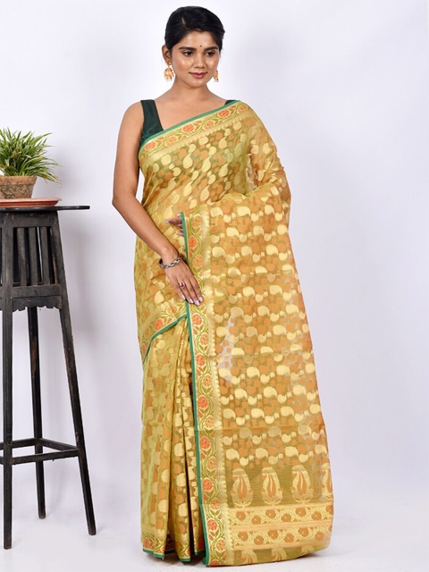 

AllSilks Green & Gold-Toned Paisley Zari Silk Cotton Saree