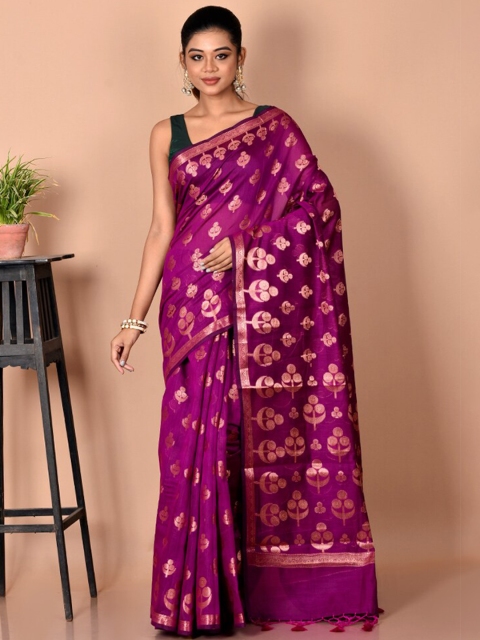 

AllSilks Purple & Gold-Toned Ethnic Motifs Zari Silk Cotton Saree