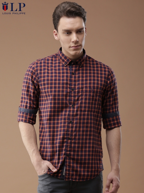 

Louis Philippe Jeans Men Rust Orange & Navy Slim Fit Checked Casual Shirt