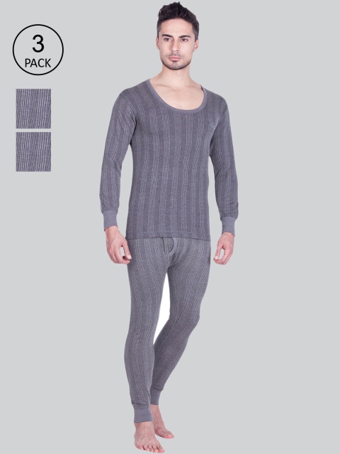 

INFERNO Men Pack Of 3 Grey Self-Striped Wool Thermal Tops