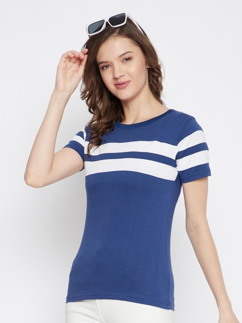 

Rodzen Women Blue & White Colourblocked Pure Cotton T-shirt