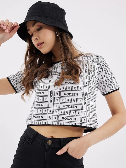 

Rodzen Women White Typography Printed Pure Cotton T-shirt