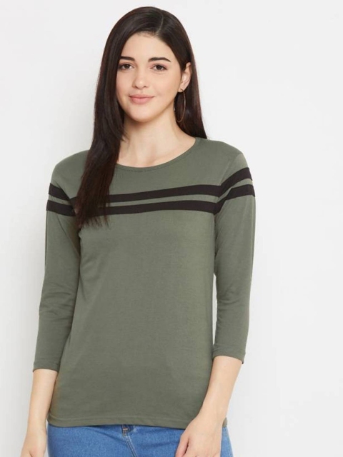 

Rodzen Women Olive Green & Black Colourblocked Pure Cotton T-shirt