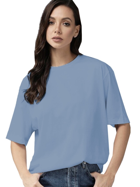 

Rodzen Women Blue Drop-Shoulder Sleeves Pure Cotton T-shirt