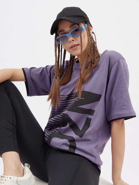 

Rodzen Women Purple Typography Printed Pure Cotton Loose T-shirt
