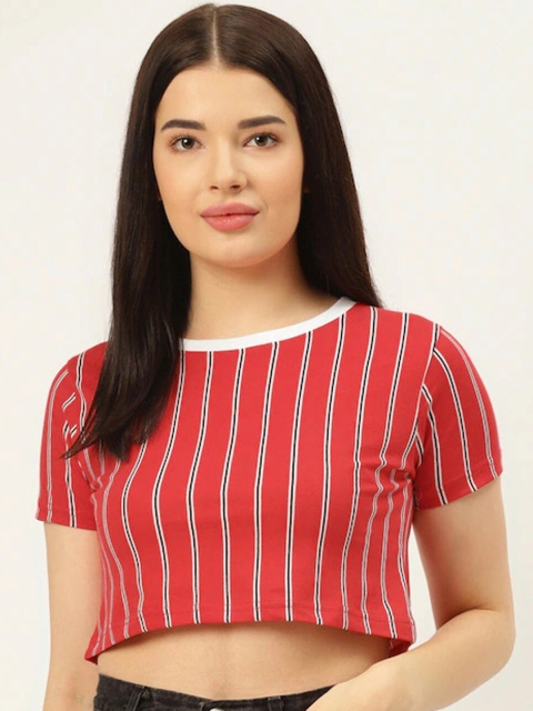 

Rodzen Women Red Striped Pure Cotton T-shirt