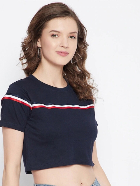

Rodzen Women Navy Blue & Red Pure Cotton T-shirt