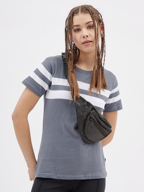 

Rodzen Women Steel & White Colourblocked Pure Cotton T-shirt