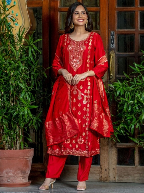 

HOUSE OF JAMOTI Women Red Printed Kurta with Pyjamas & With Dupatta