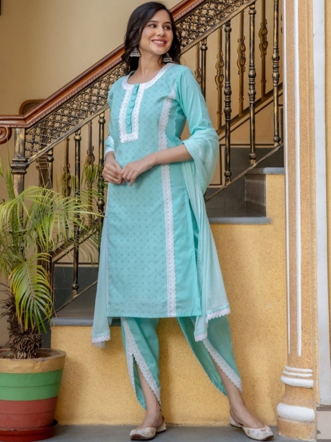 

HOUSE OF JAMOTI Women Blue Ethnic Motifs Thread Work Kurta with Dhoti Pants & With Dupatta