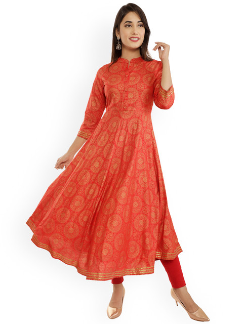 

Mollar Women Red & Gold-Toned Ethnic Motifs Printed Block Print Anarkali Kurta