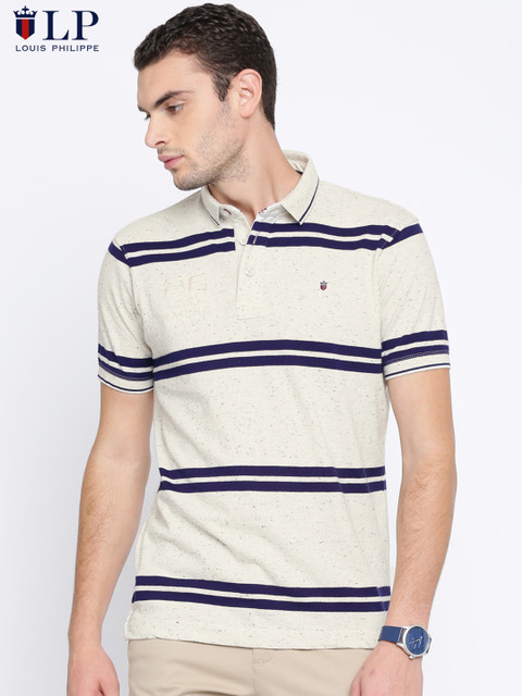 

Louis Philippe Sport Men Beige & Navy Striped Polo T-Shirt