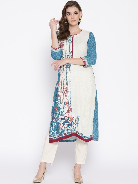 

Rangriti Women Off-White & Teal Blue Printed Straight Kurta
