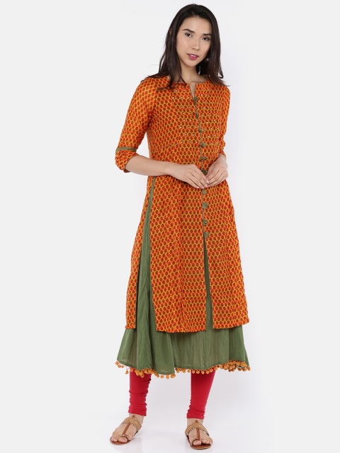 

Rangriti Women Olive Green & Orange Printed A-Line Layered Kurta
