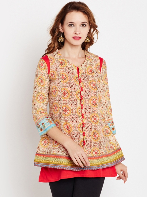 

Rangriti Beige & Pink Printed Layered A-Line Pure Cotton Kurti
