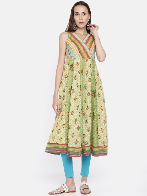 

Rangriti Women Cream-Coloured & Green Printed Anarkali Kurta