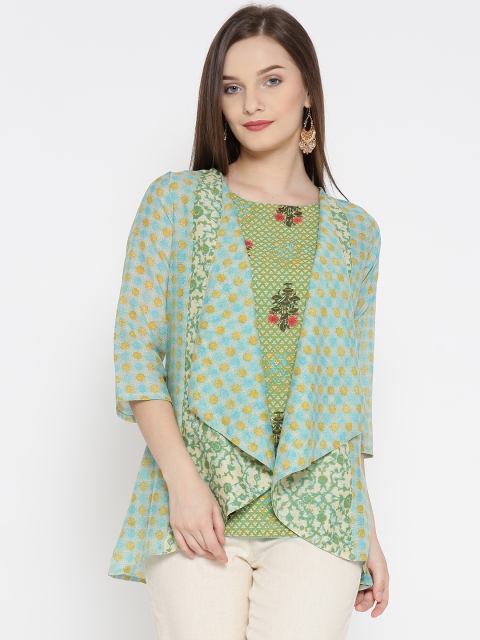 

Rangriti Women Green & Blue Printed Top with Shrug