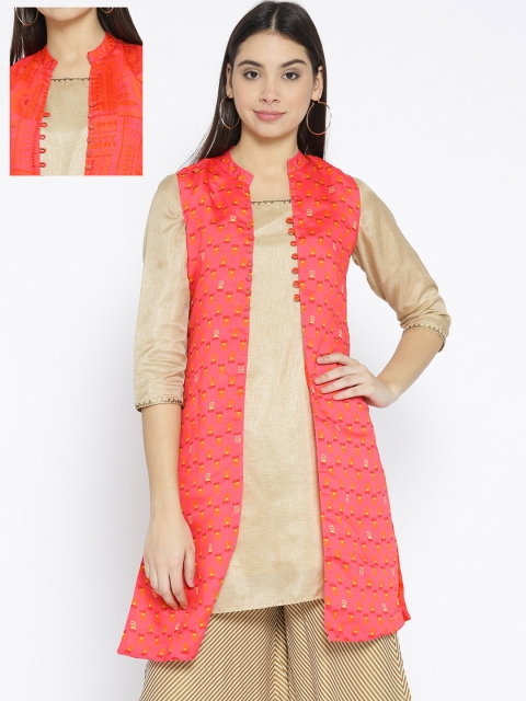 

Rangriti Women Coral Pink & Orange Printed Reversible Longline Tailored Ethnic Jacket